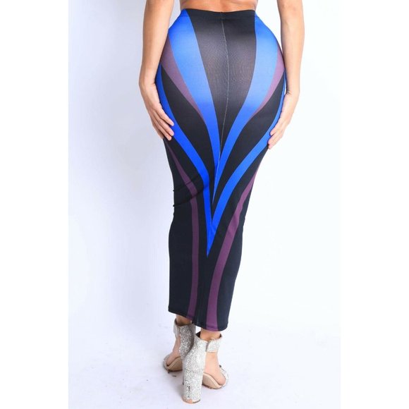 Women's Geo Printed Elastic High Waist Stretch Bodycon Maxi Pencil Skirt S,M,L - Picture 3 of 5